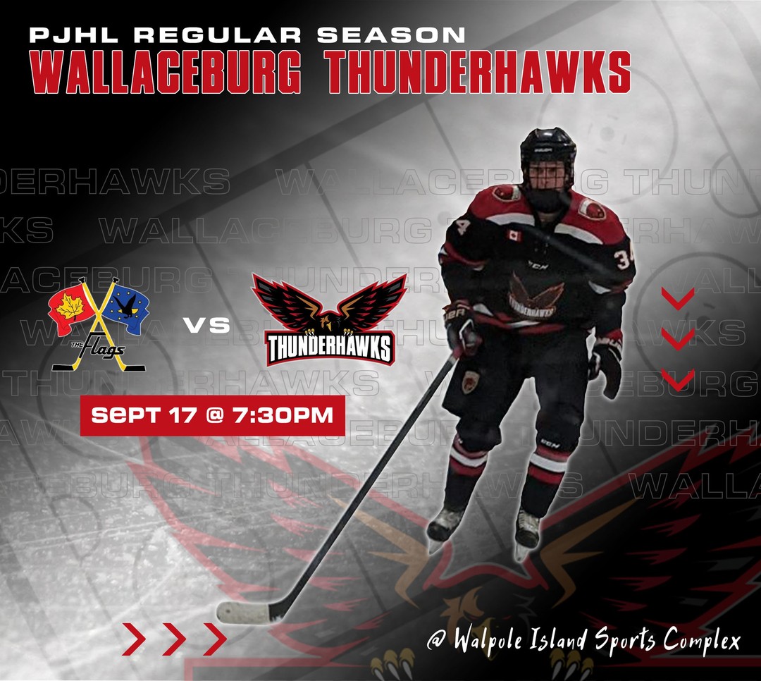 🚨It's GAME DAY!!🚨

Come cheer on the Wallaceburg Thunderhawks as they are away vs the Mooretown Flags @ Walpole Island Sports Complex!

🏒Puck drops at 7:30pm

#pjhl #hockey #Thunderhawks #hawksnest
