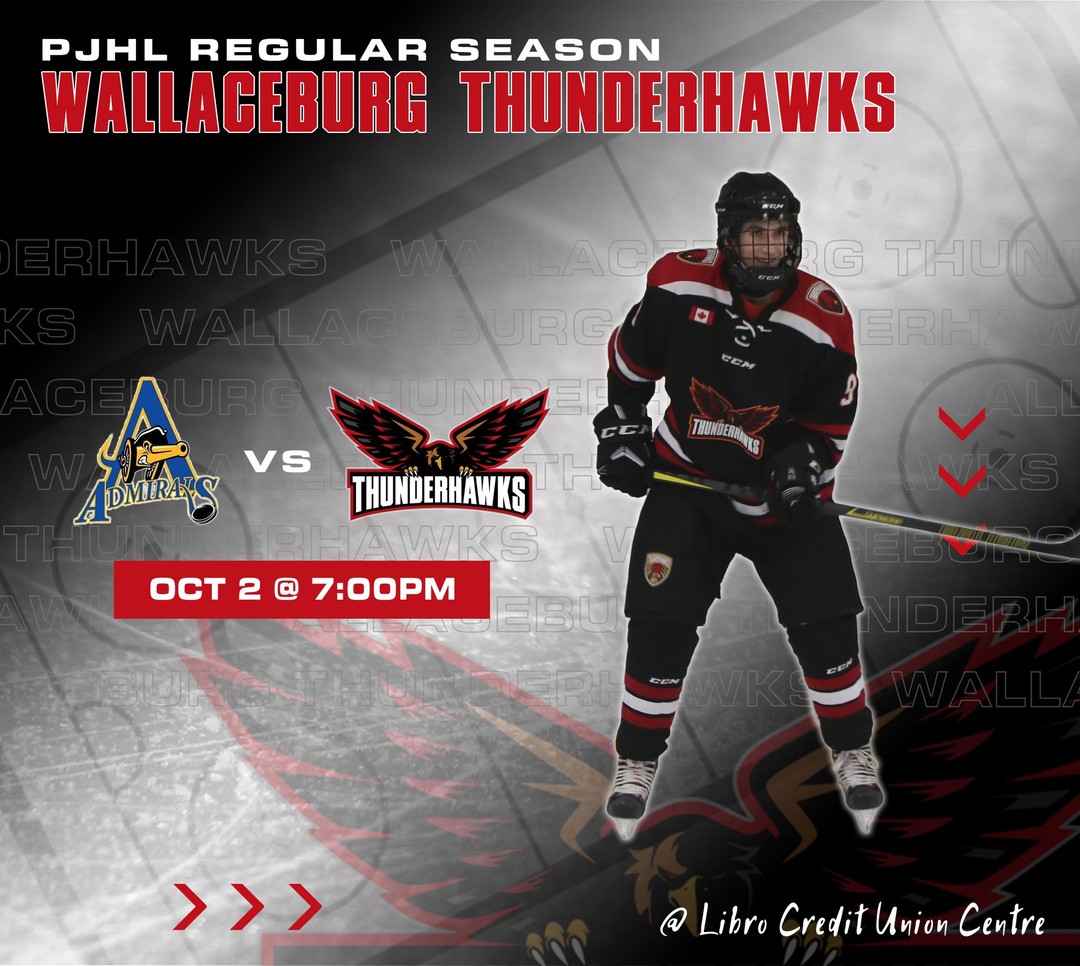 🚨It's GAME DAY!!🚨

The Wallaceburg Thunderhawks are in Amherstburg tonight to take on the Amherstburg Admirals @ Libro Credit Union Centre

🏒Puck drops at 7:00pm

#pjhl #hockey #Thunderhawks