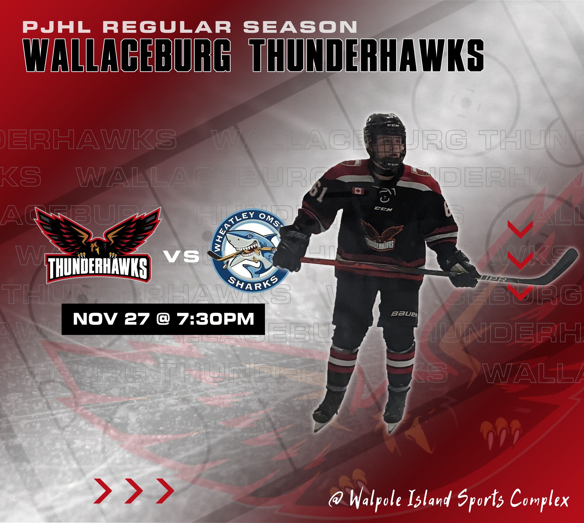 🚨It's GAME DAY!!🚨

Come out and support your Wallaceburg Thunderhawks tonight as they take on the Wheatley Omstead Sharks @ Walpole Island Sports Complex

🏒Puck drops at 7:30pm

#pjhl #hockey #Thunderhawks