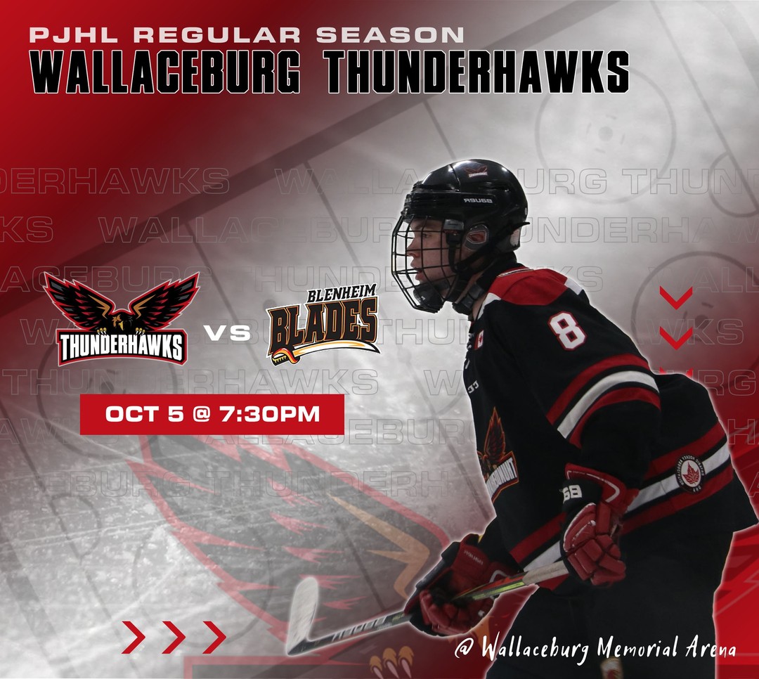 🚨It's GAME DAY!!🚨

The Wallaceburg Thunderhawks host the Blenheim Blades tonight @ Wallaceburg Memorial Arena

🏒Puck drops at 7:30pm

#pjhl #hockey #Thunderhawks #hawksNest