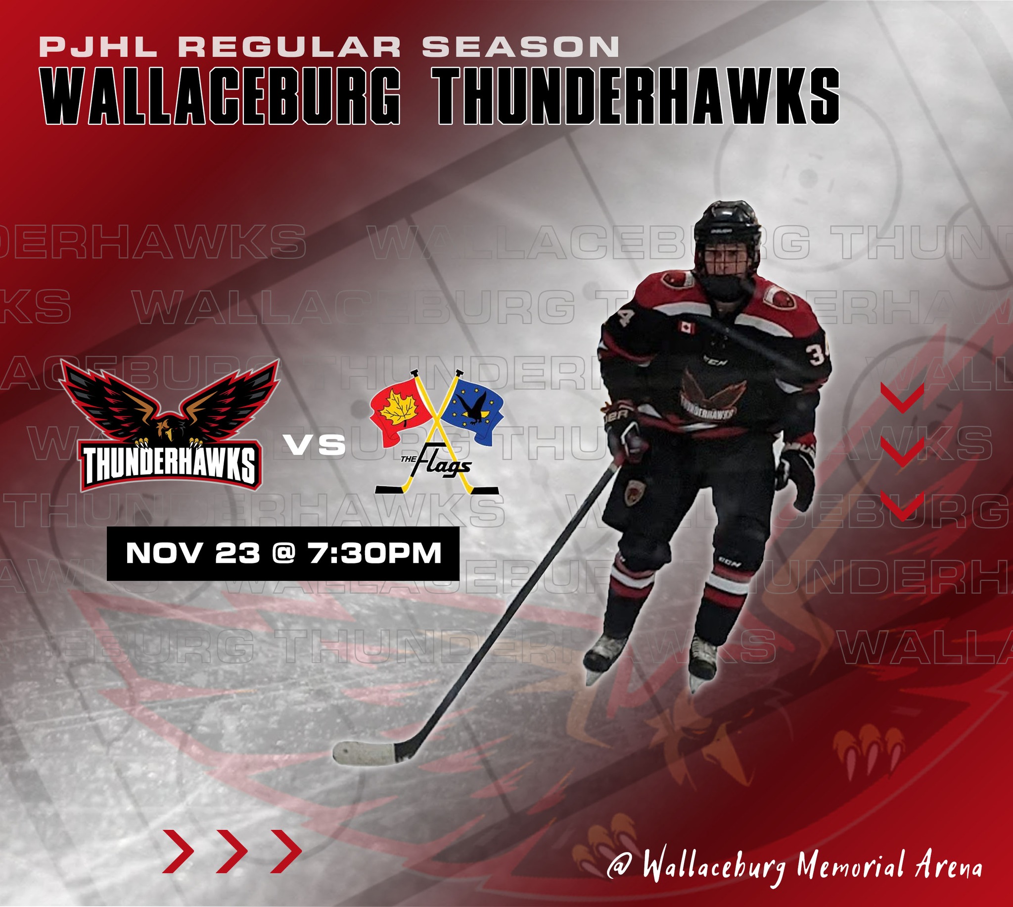 🚨It's GAME DAY!!🚨

Come cheer on your Wallaceburg Thunderhawks tonight as they take on the Mooretown Flags @ Wallaceburg Memorial Arena.

🏒Puck drops at 7:30pm

#pjhl #hockey #Thunderhawks #hawksnest