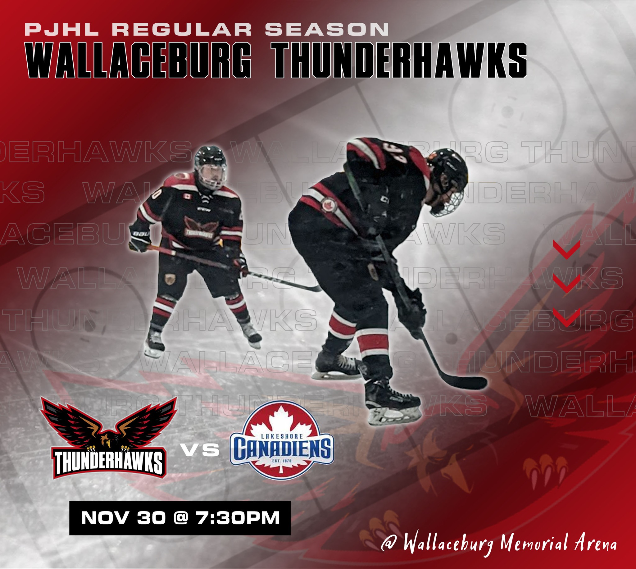 🚨It's GAME DAY!!🚨

Your Wallaceburg Thunderhawks are in action tonight versus the Lakeshore Canadiens @ Wallaceburg Memorial Arena.

🏒Puck drops at 7:30pm

#pjhl #hockey #Thunderhawks #hawksnest